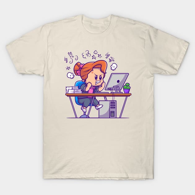 Angry Girl Working On Computer Cartoon T-Shirt by Catalyst Labs